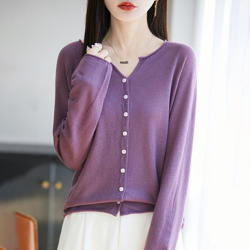 2026 Spring/Autumn Women's V-Neck Fine Wool Knit Cardigan - Long Sleeve, Solid Color, Loose Fit