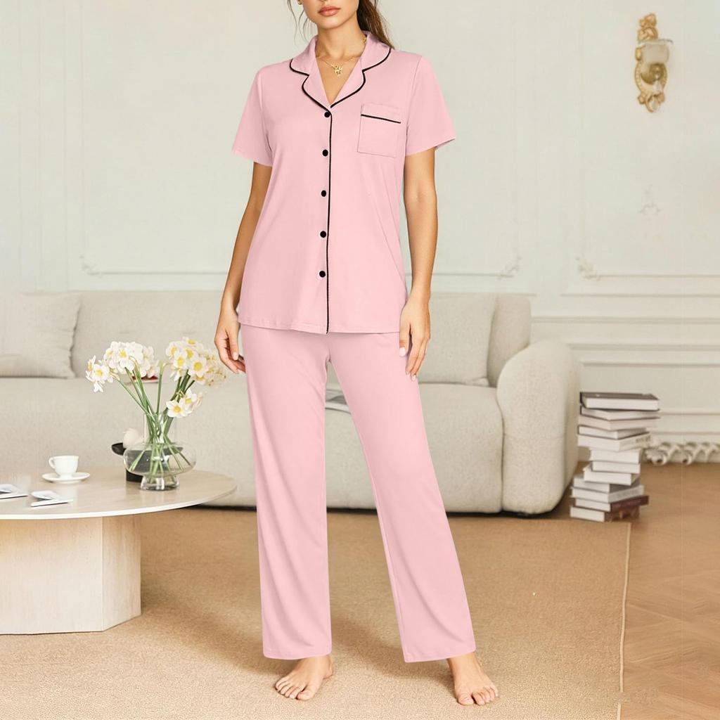 Womens Short Sleeve Button Down Pajama Set with Notch Collar and Full Length Pants Soft Sleepwear Loungewear