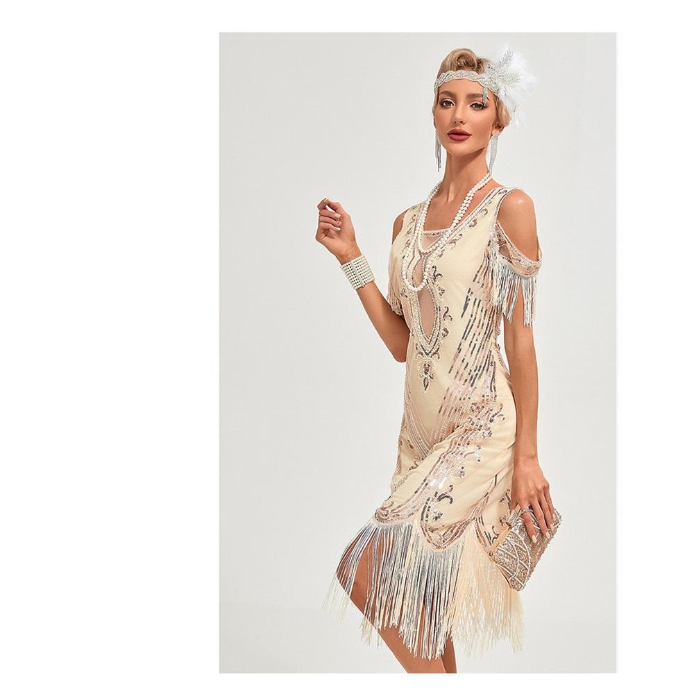 1920S Retro Dance Party Embroidered Tassel Dress Cocktail Party Plus Size Sequins Mesh Dress