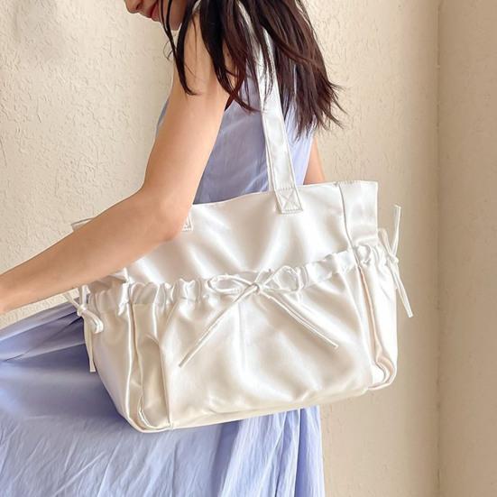 Women Wrinkled Shoulder Bag Glossy Tote Bag with Bows Large Capacity Handbag Purse for Daily Outings Street Commuting Parties Date