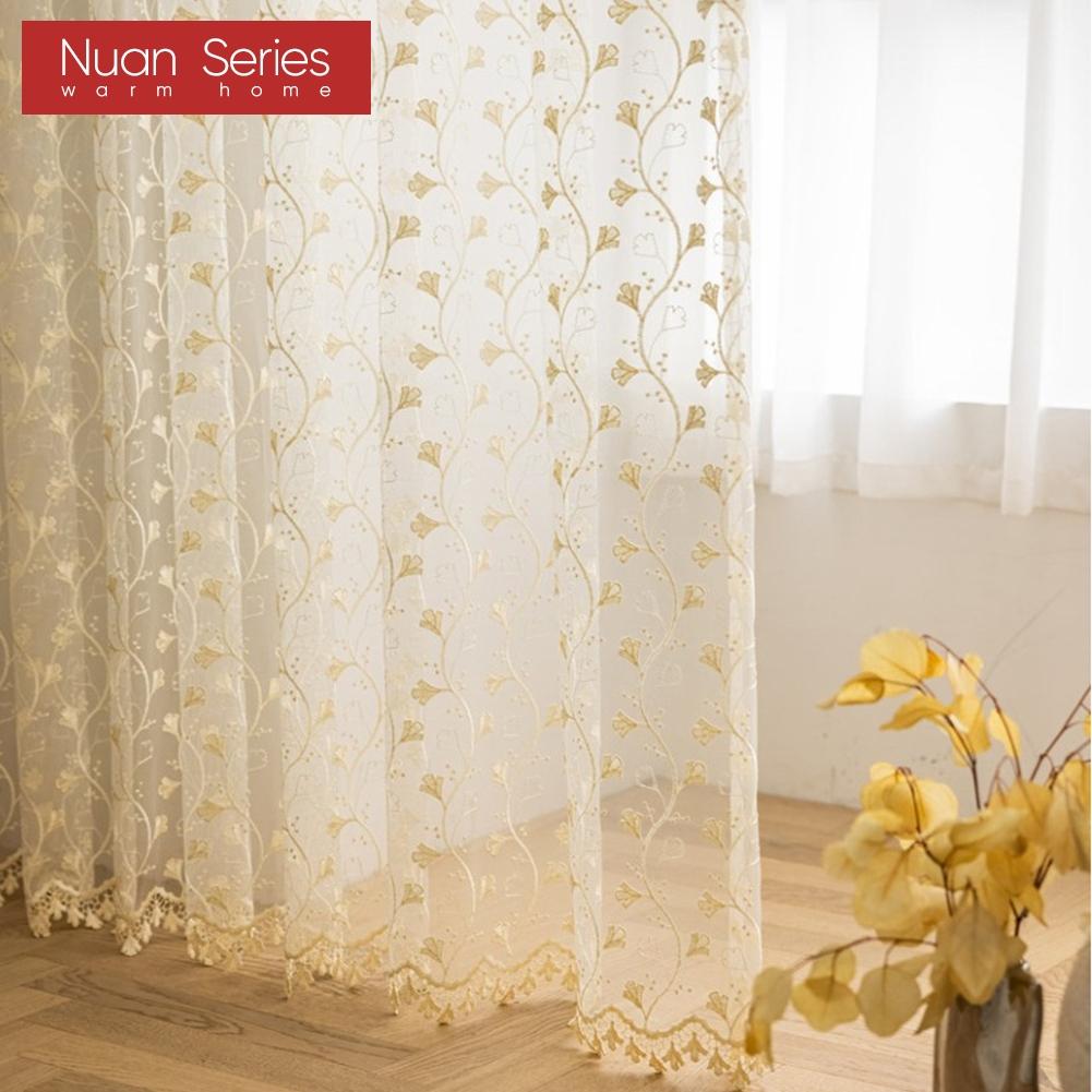 1PC Nuan Series Modern Artistic Luxury Window Tulle Translucent Ginkgo Leaf Embroidered Sheer Curtain for Living Room Bedroom Window Home Decor