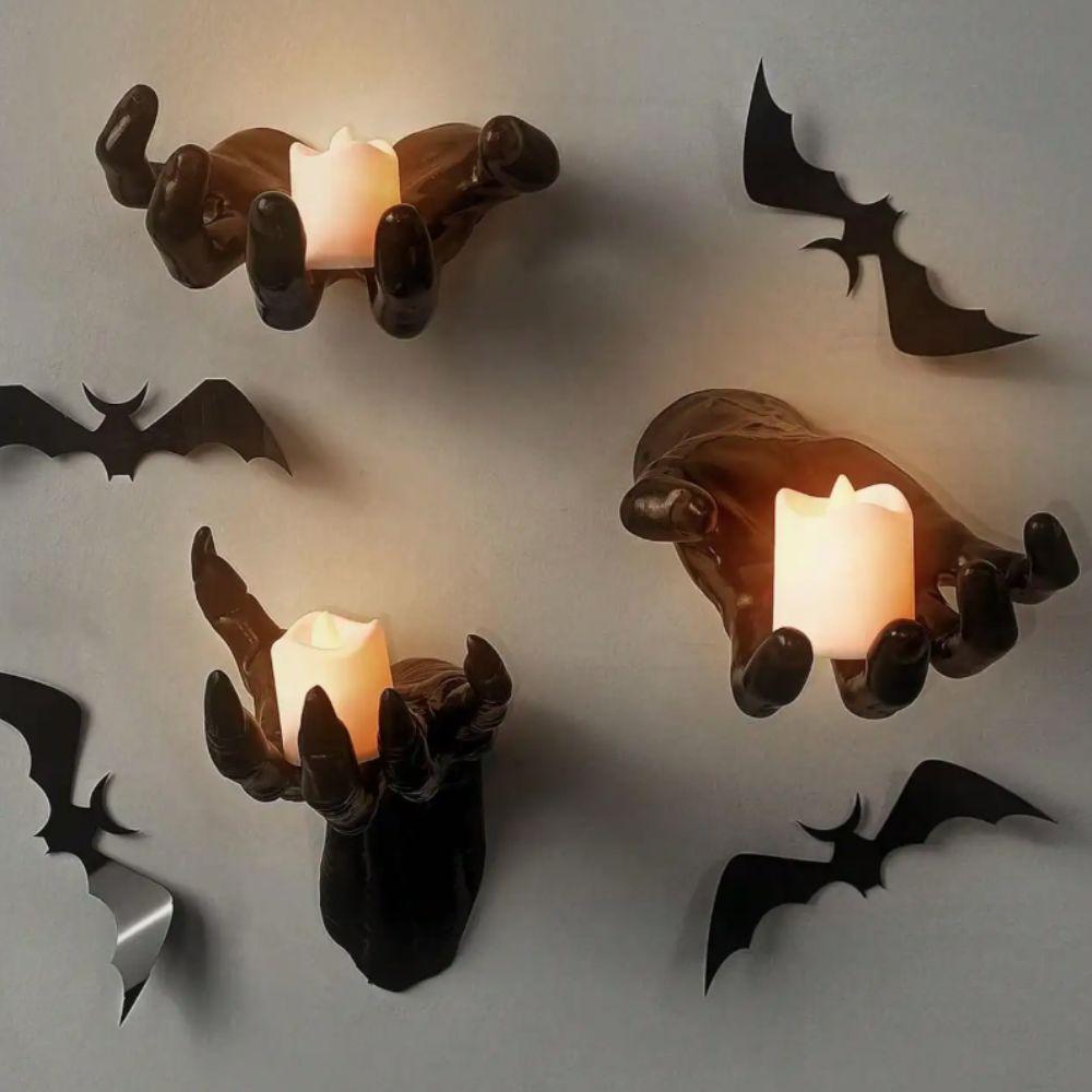 3Pcs Realistic Halloween Wall Mounted Devil's Hand Black Plastic Desk Lamp Holder with Candle