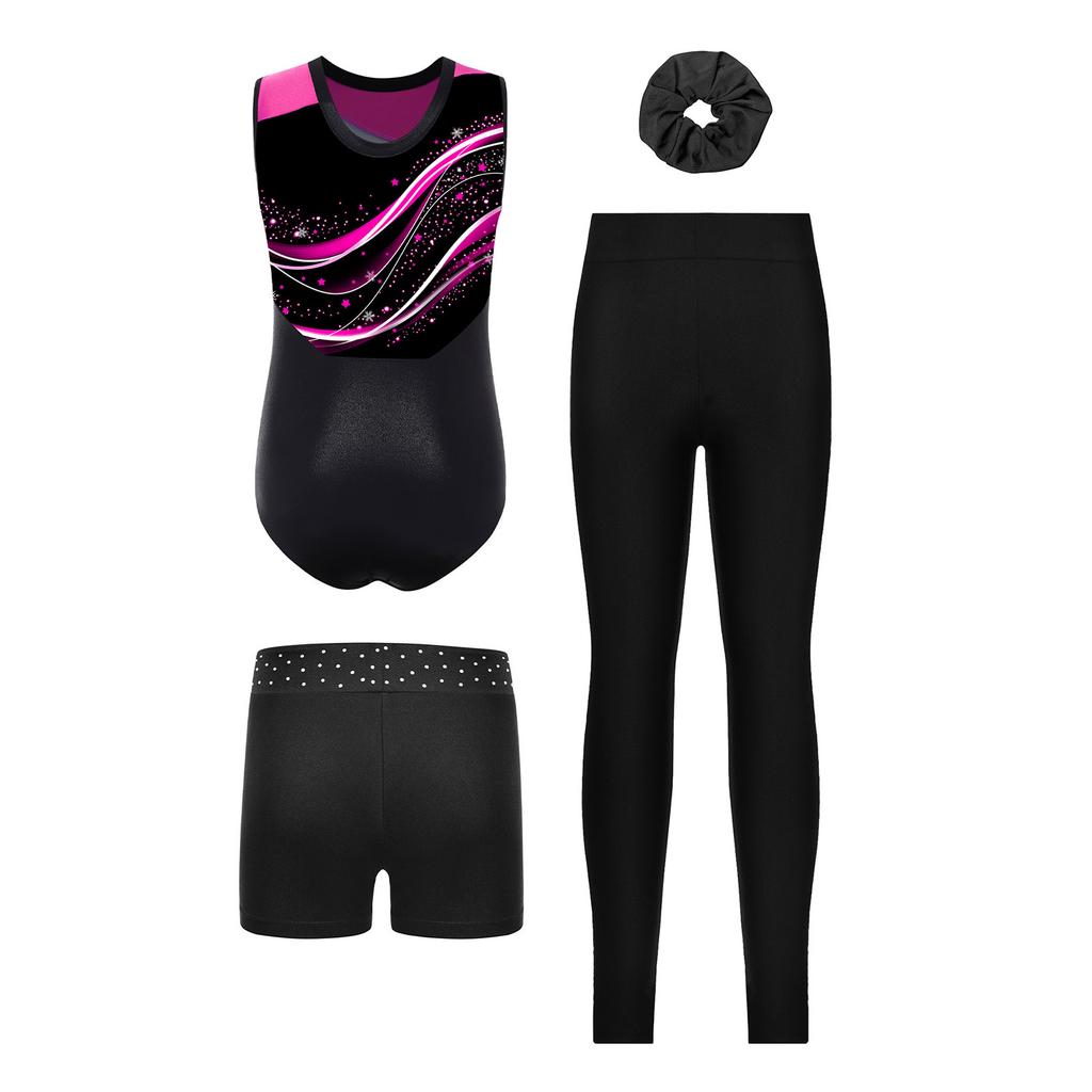 4-Piece Girls Gymnastics Dance Set Sleeveless Color Block Leotard with Rhinestone Shorts Leggings Hair Band