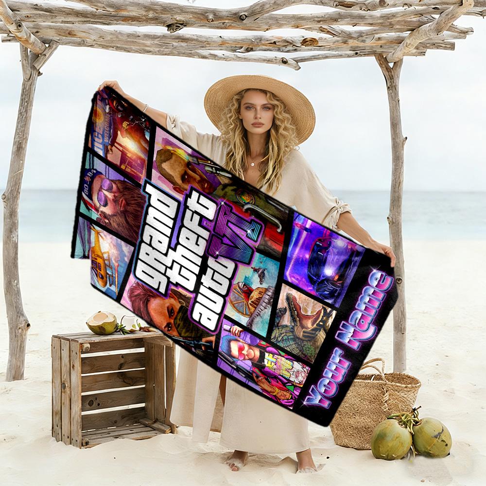 Gta Personalized Text Beach Towel Super Soft Microfiber Quickdry Fabric Perfect for Traveling Yoga Camping and Swimming