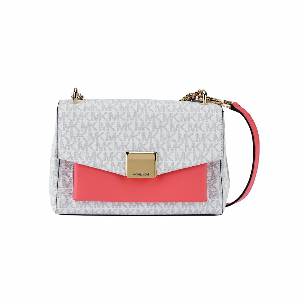 New MICHAEL KORS Lita Canvas Shoulder Bag, Crossbody Bag, Handbag Medium Women's White & Rose Red 35T0GXPL2B-604