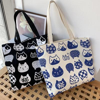 Japanese Cute Kitten Canvas Shoulder Bag for Women - Large Capacity Student Travel Handbag