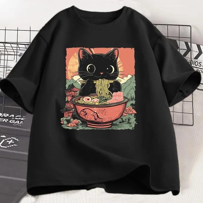 Cute Black Cat Eating RaUnisex Print Tshirt Womens Harajuku Short Sleeve Casual Womens Tshirt Clothing Tops Aesthetic Clothes S