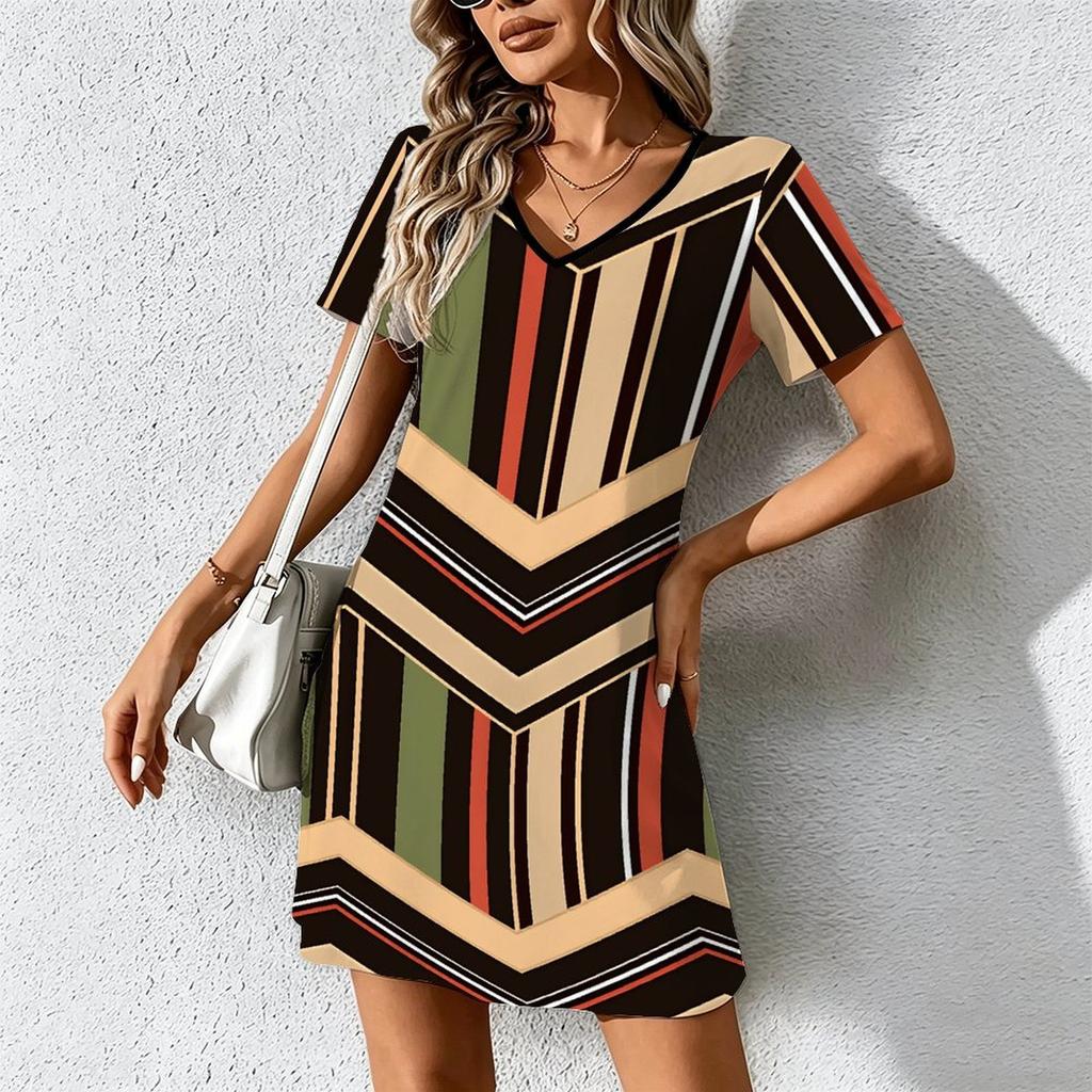 Mode d'été pour femmes Robe à col en V à manches courtes avec imprimé géométrique rétro Jupe courte sexy Robes