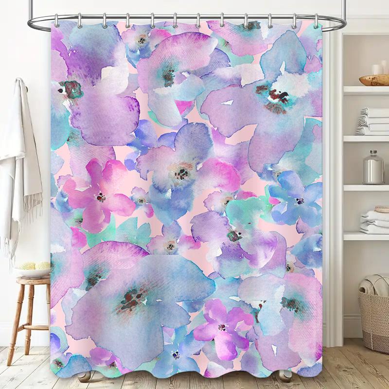 Purple Watercolor Shower Curtain With Pink Flowers: Decorative Waterproof Bath Fabric For Bathroom Accessories Pink Purple Blue