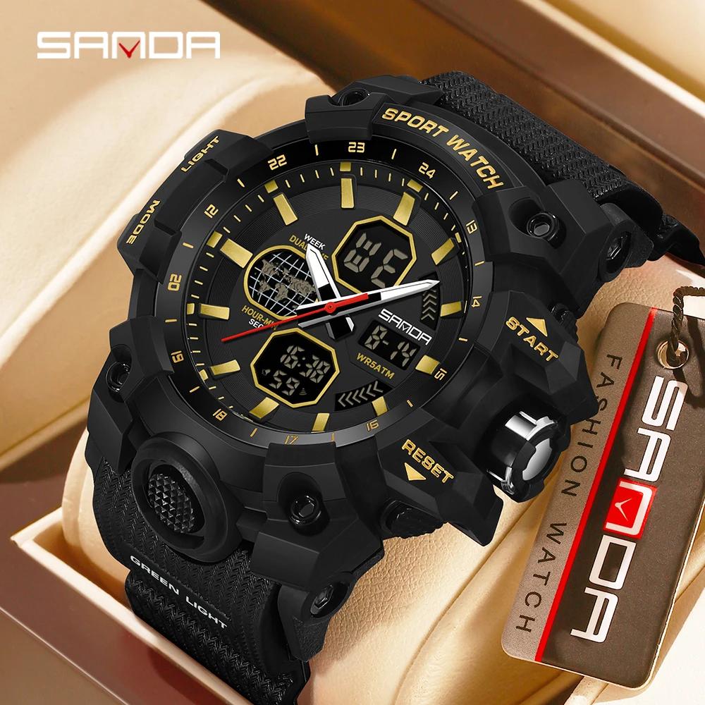 SANDA 9093 Men Electronic Watch Trendy Fashion Sport Waterproof Date Pointer Digital Analog Dual Display Wrist Watch for Student