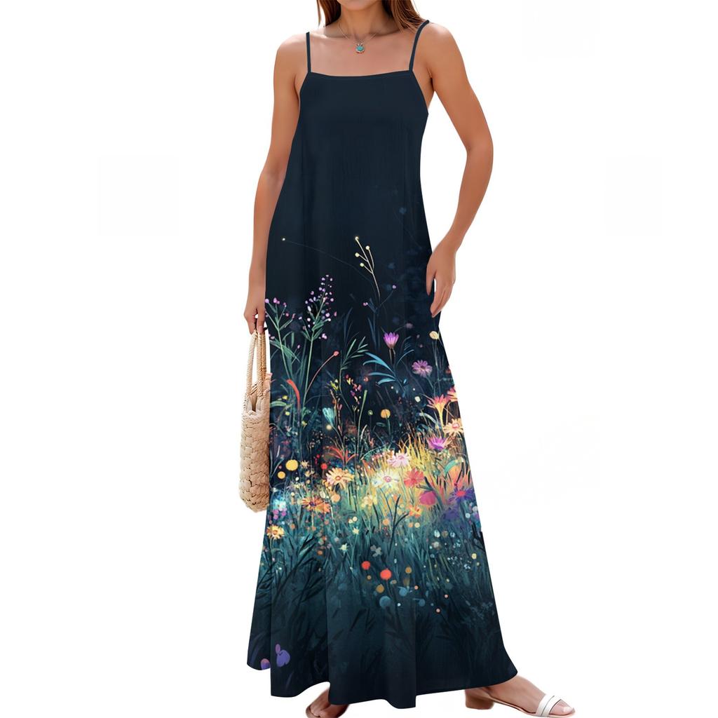 Women's Spring And Summer Casual Fashion Adjustable Suspender Printing Long Dress