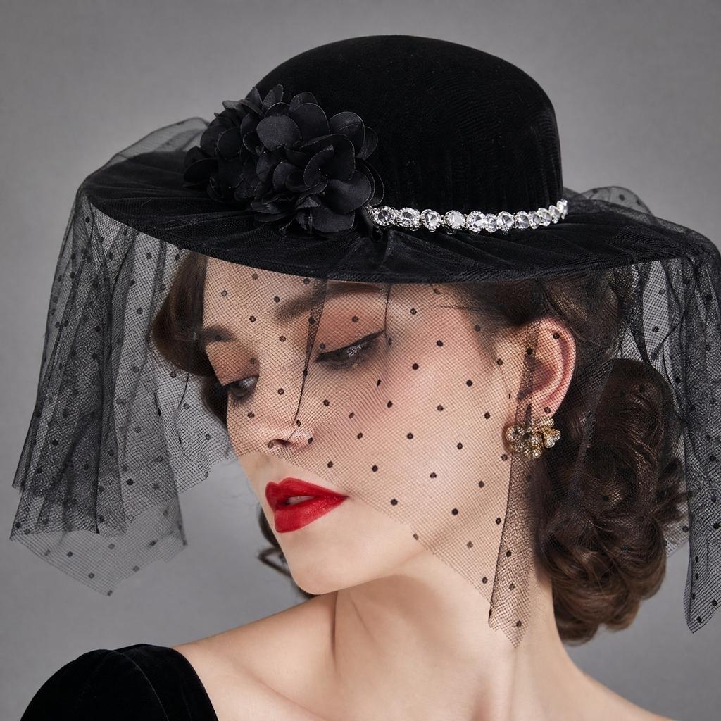 Damen Vintage Samt Netz Camellia Blume Formeller Hut für Partys und Hochzeiten