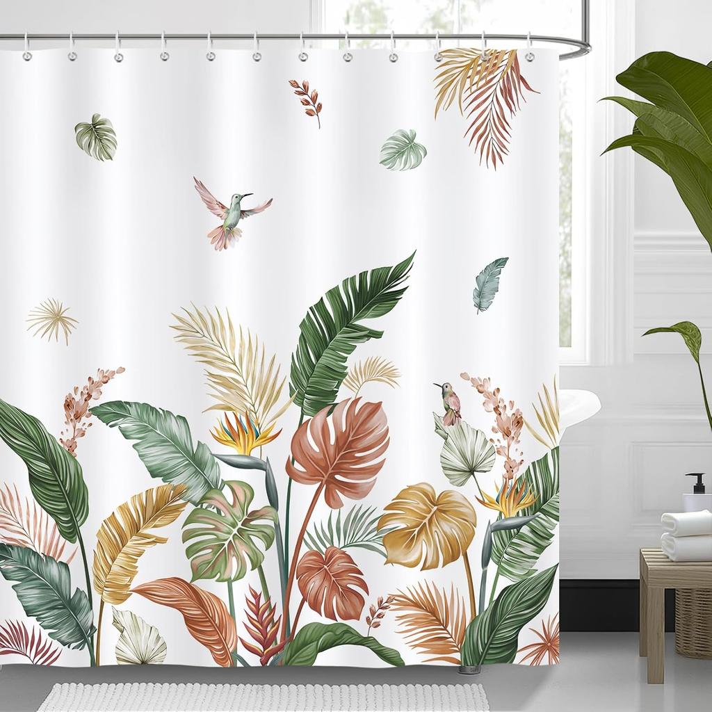 Tropical Leaves Hummingbirds Shower Curtain Green Palm Leaf Flowers Plants Bird Bathroom Decor Fabric Bath Curtains with Hooks