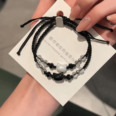 Minimalist Design Couple Bracelet Cute Moonstone Obsidian Rabbit Woven Bracelet Black White Beaded Cat Bracelet Gift Giving