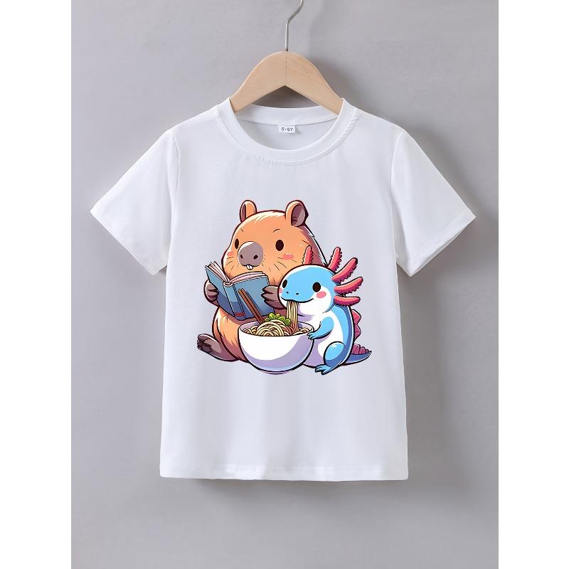 European sizes Girls  Summer Short Sleeve  Capybara Axolotl  Print T-shirt 110 белый