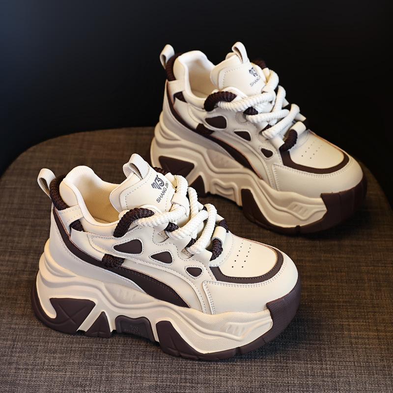 Leather Muffin Platform Dad Shoes Women's Autumn New Round Head Lace-up Inner Height-increasing Women's Shoes Versatile Sports Shoes