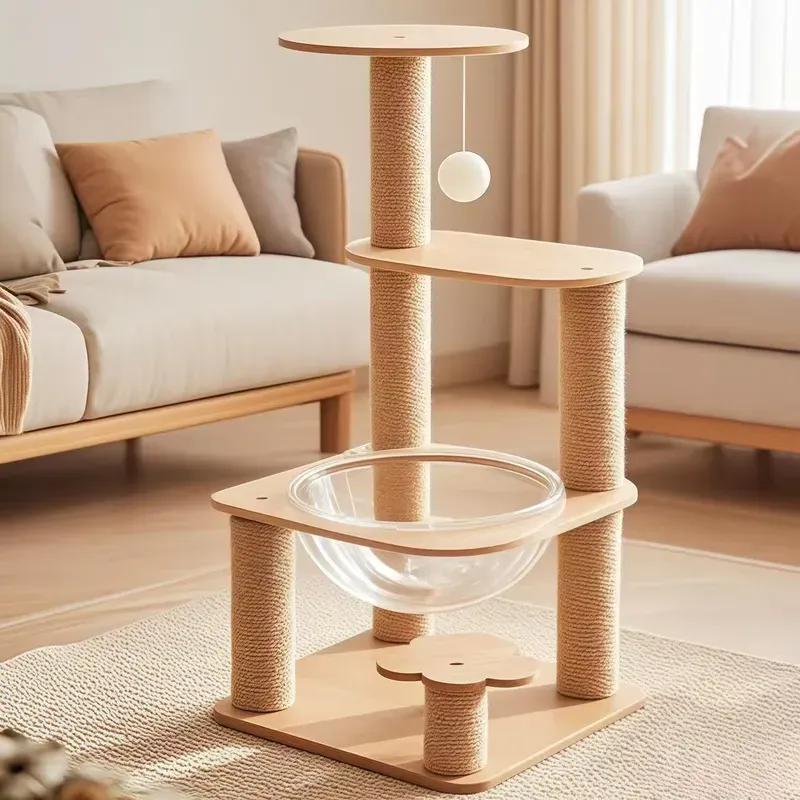Modern Large Beige Wooden Cat Tree Scratcher Custom Design Climbing Frame for Cats Wholesale Manufacturer Supplies