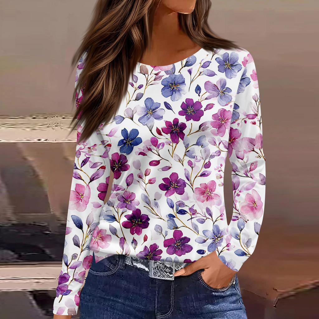 Women's Fashion Casual Slit Hem Round Neck Long Sleeve Loose  Printed T-Shirt Ladies Top