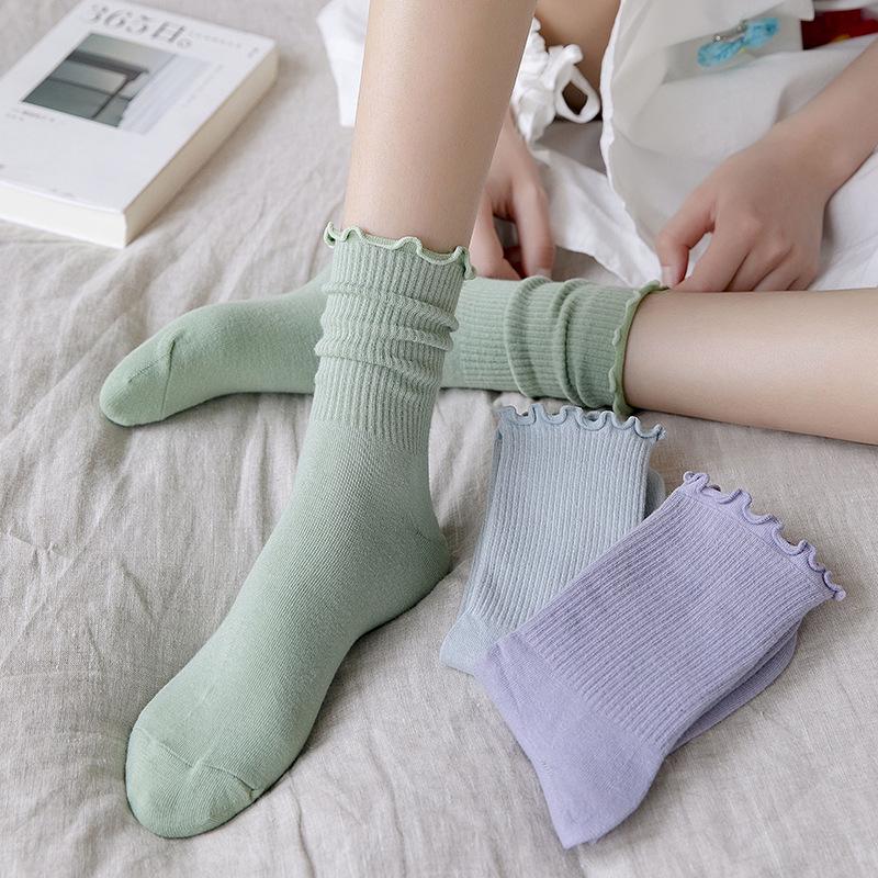 Women's Japanese JK Lace Mid-Calf Socks - Mushroom Edge, Ruched, White, Cute for Summer/Autumn
