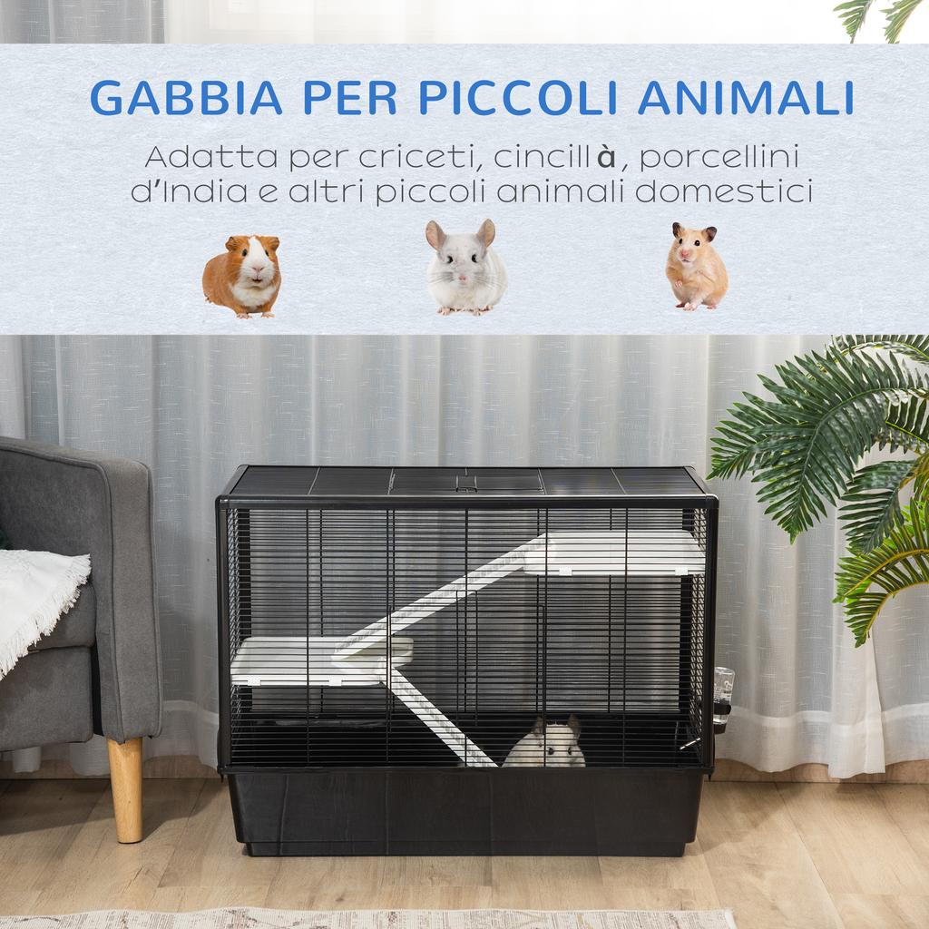 Guinea Pig Cage with Handle, Water Tank, Ramp and Tray, 80x48x58cm, Black
