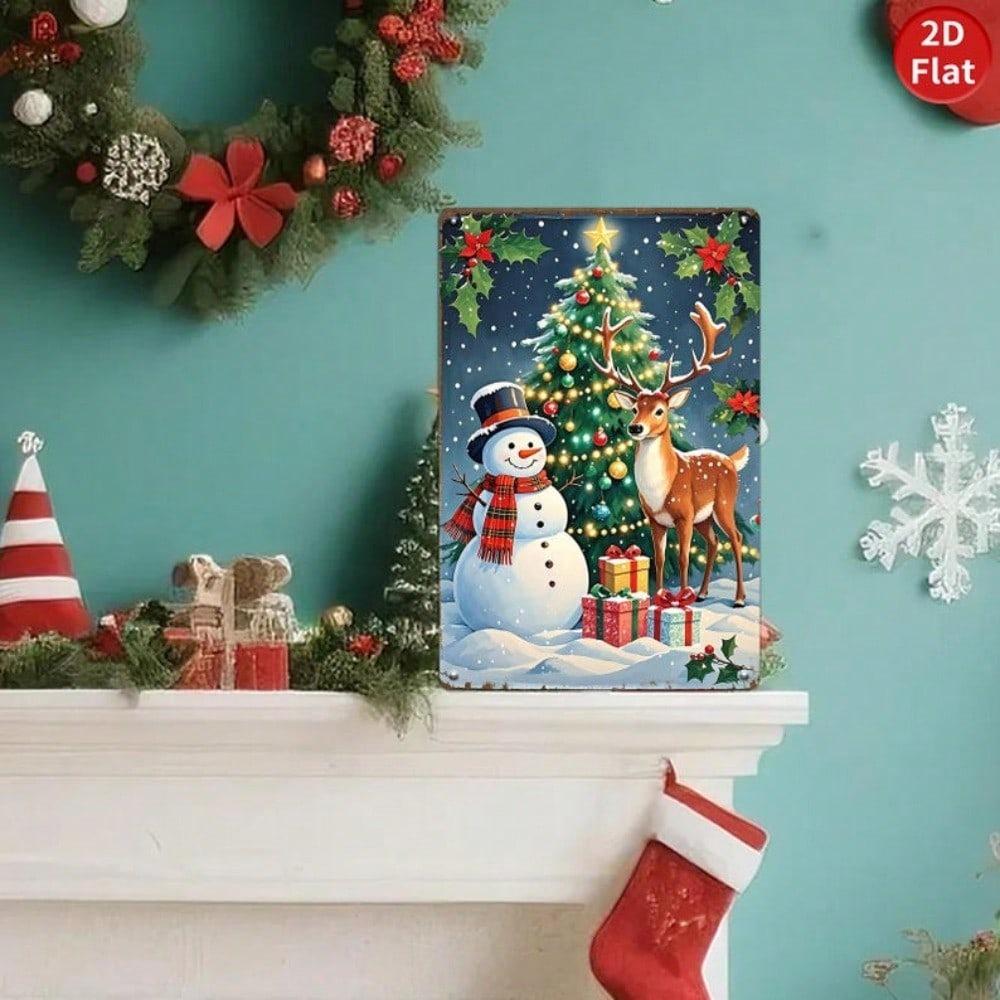 Vintage Snowman Christmas Metal Tin Sign Farmhouse Wall Art Holiday Home Decor
