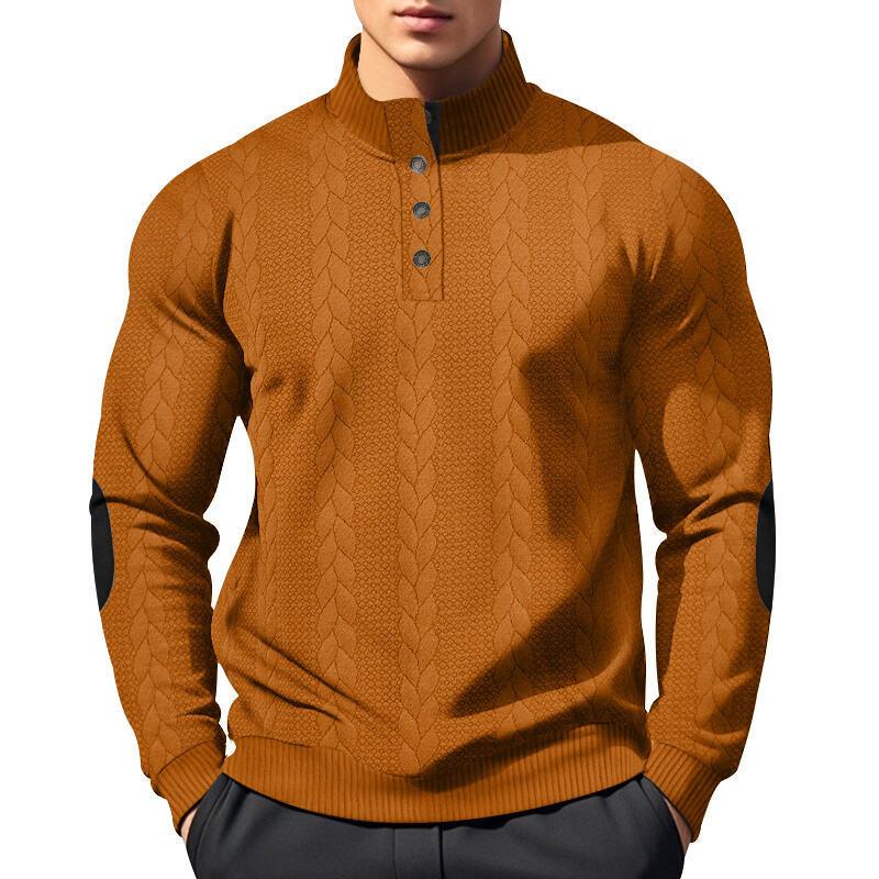 Jacquard Men's Button-Down Stand Collar Patchwork Henley Long-Sleeved Casual Sweatshirt