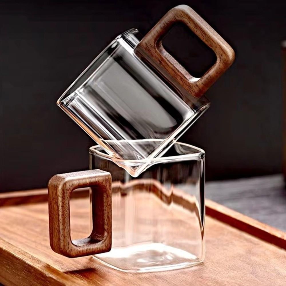 Stylish Thicken Glass Coffee Mug Wooden Handle Heat-resistant Espresso Cup Mini Square Office Water Cup Tea Ceremony