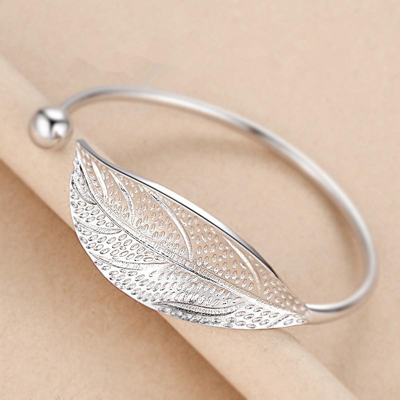 Fashion 925 Sterling Silver Woman Cuff Bracelet Open Leaf Shaped Adjustable Charm Bangle Girls Party Jewelry Christmas Gifts