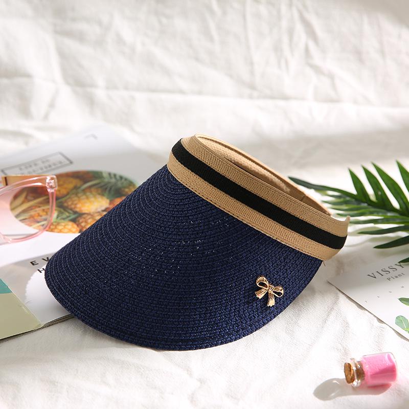 

Соломенная шляпа от солнца с открытым верхом в корейском стиле - Модный и универсальный пляжный аксессуар для женщин на лето M (56-58cm) темно-синий