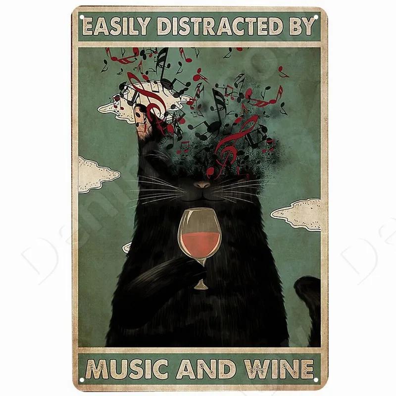 Cats and Wine Vintage Metal Sign Dog and Beer Wall Decoration for Bar Home Club Let Evening Be-Gin Tin Poster Funny Plate
