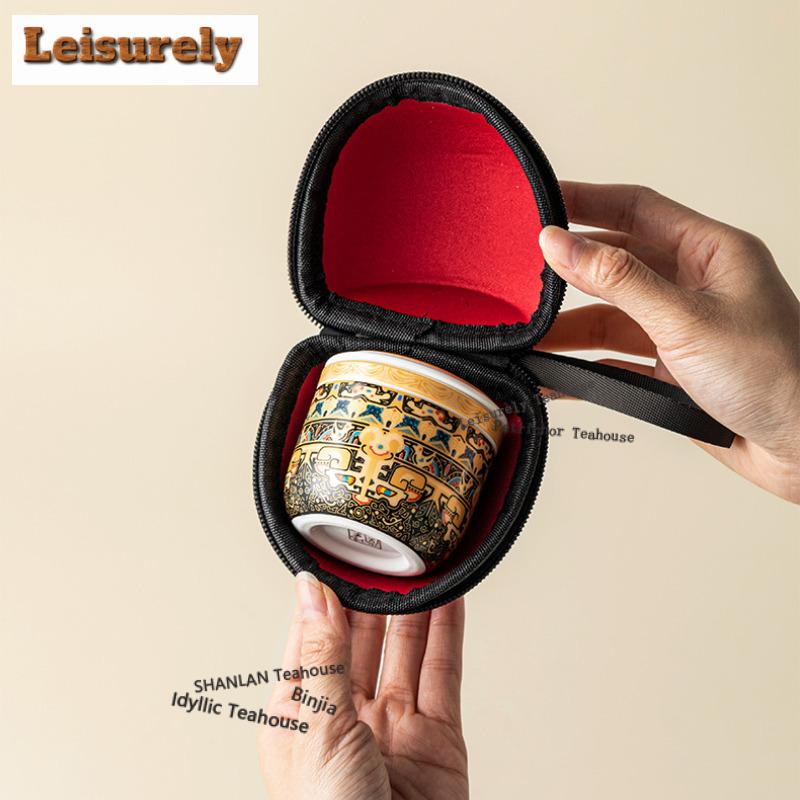 Tangka Enamel Color Travel Tea Set Kit Traditional 1 Cups Tea Making Organizer Portable Outdoor Tote Bag Ornaments Craft Gift