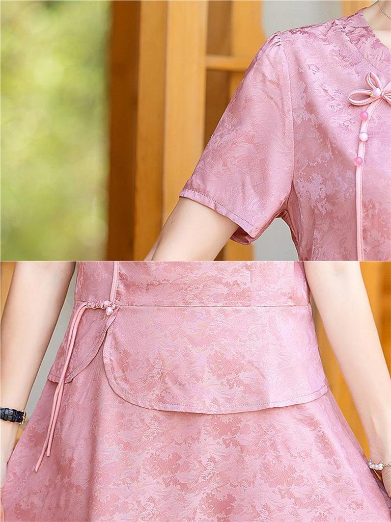 2026 New Chinese Style Elegant Short-Sleeve Summer Dress for Middle-Aged and Elderly Women