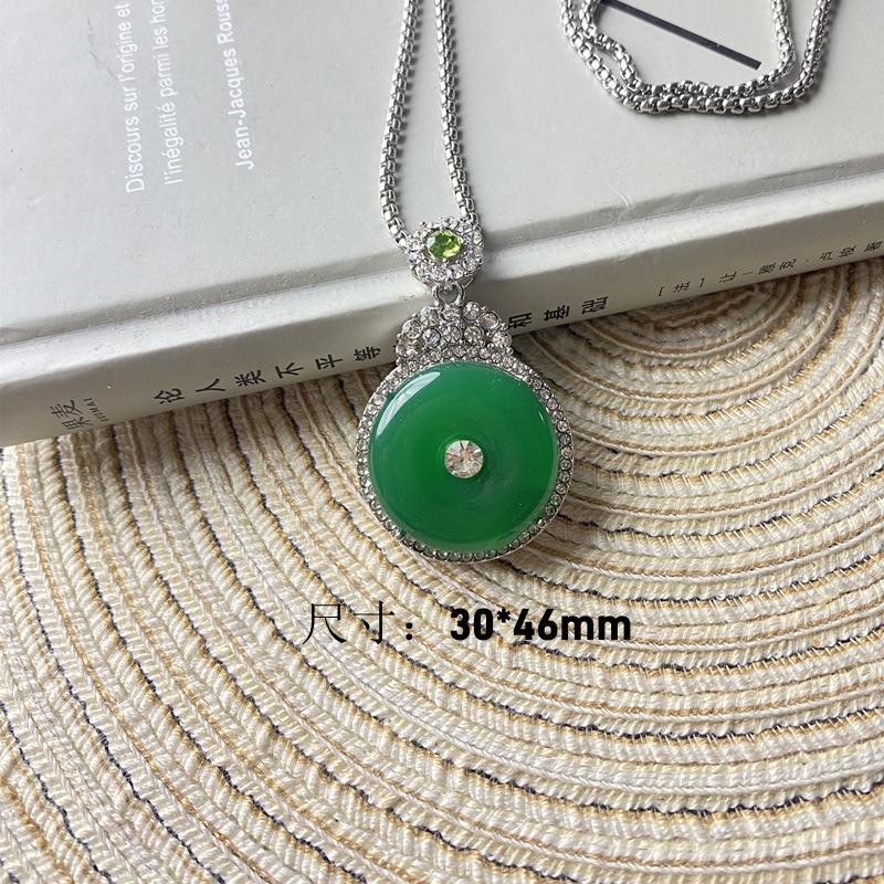 Imitation Jade Green Pendant Necklace with Diamond Accents and Stainless Steel Chain