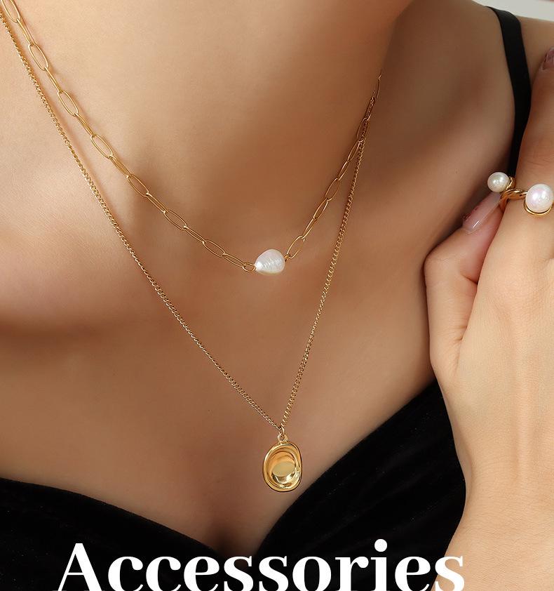 European Double-Layer Freshwater Pearl Pendant Necklace for Women, Gold-Plated Clavicle Design, P831
