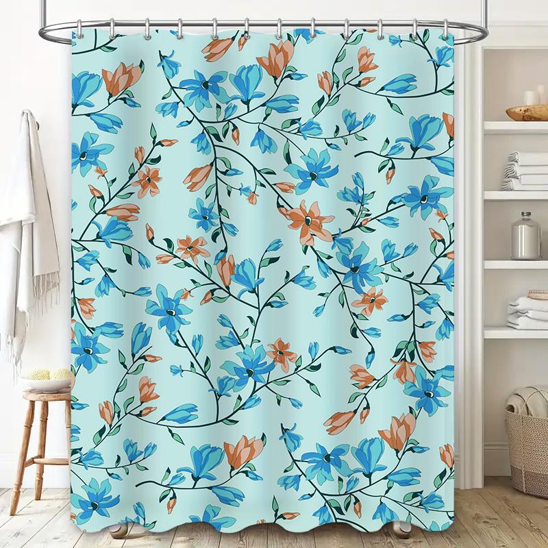 Modern Flower Blue Decor Shower Curtain Waterproof Fabric Bathroom Liner For Home Decoration In White Blue Colors Size: 69 X 70