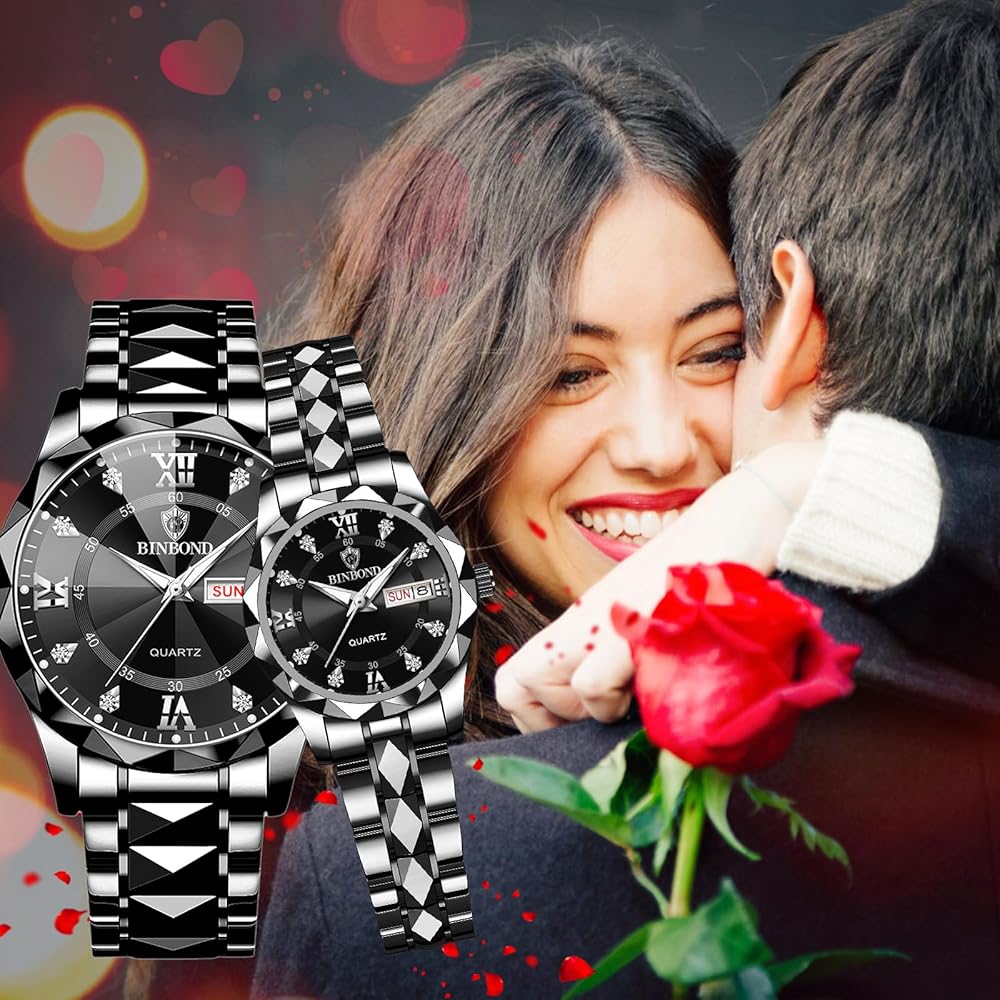 "Stainless Steel Women's Waterproof Watch Black Dial Luminous Calendar Function Pair Business Gift"