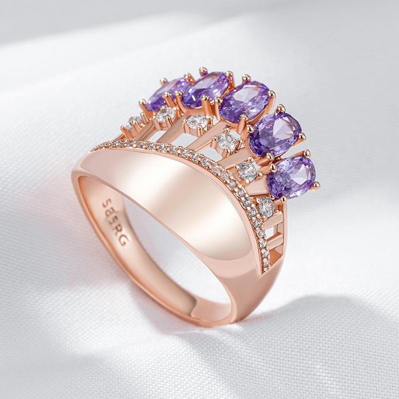 Shiny Purple Natural Zircon Big Rings For Women Fashion Rose Gold Color Crystal Flower Vintage Wedding Jewelry