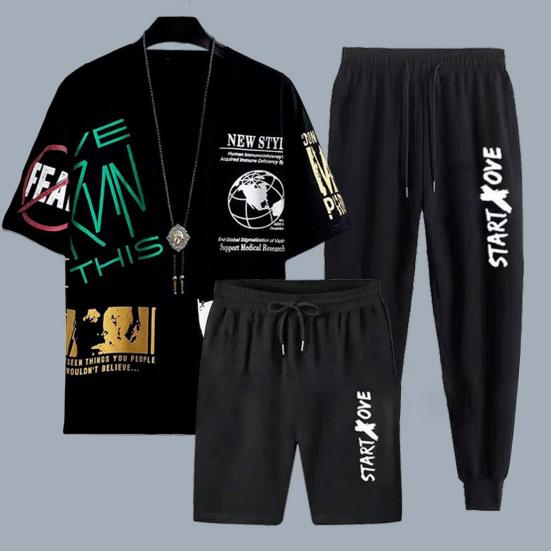 3Pcs/Set Men Sportswear Set Round Neck Short Sleeve T-shirt Elastic Drawstring Waist Shorts Sweatpants Set Printing Tracksuit