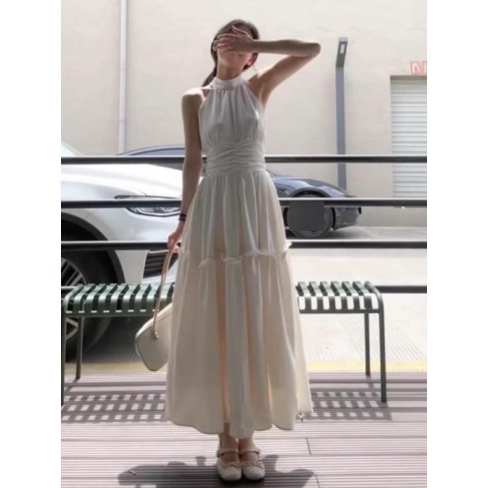 Sleeveless neck sling dress children's summer new seaside vacation style waist thin French temperament long dress