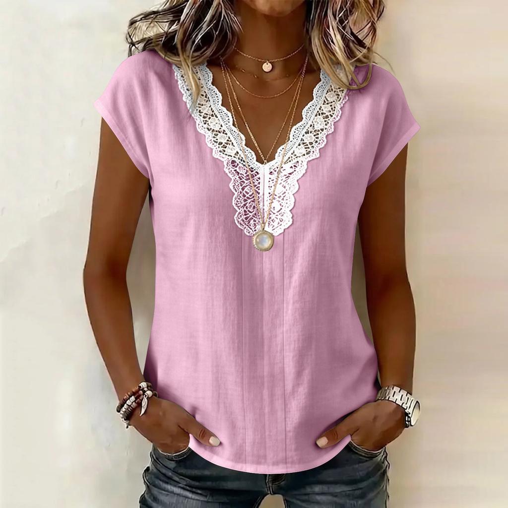 Women Casual Pullover Top V Neck Lace Trim Stitching Short Sleeve Blouse Lightweight Loose Fit Shirt for Everyday Wear