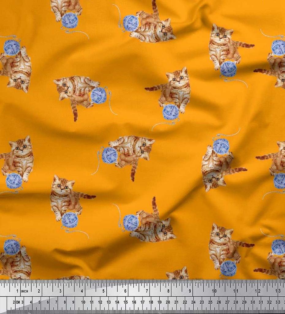 Soimoi Japan Crepe Satin Fabric Wool & Cat Animal Print Fabric by the Metre 42 Inch