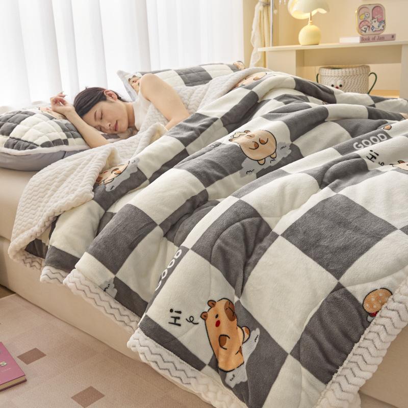 Winter Thick Three-Layer Quilted Blanket Milk Flannel Multifunctional Warm Blankets for Home Cartoon Printed Single Sofa Cover