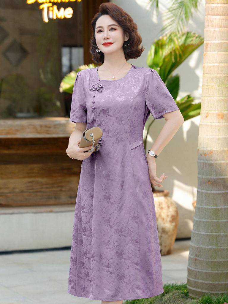New Summer Jacquard Mid-Length Dress, Short Sleeve, Chinese Style, for Young and Middle-Aged Women