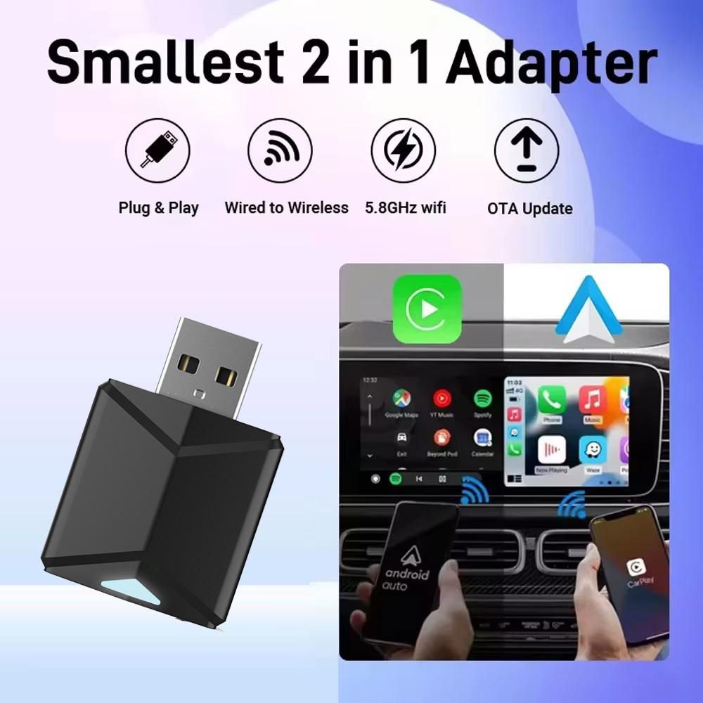 

XUDA Suprermini 2025 Адаптер 2-в-1 Проводной в Беспроводной CarPlay Android Auto для OEM Автомагнитолы с USB Plug and Play чёрный