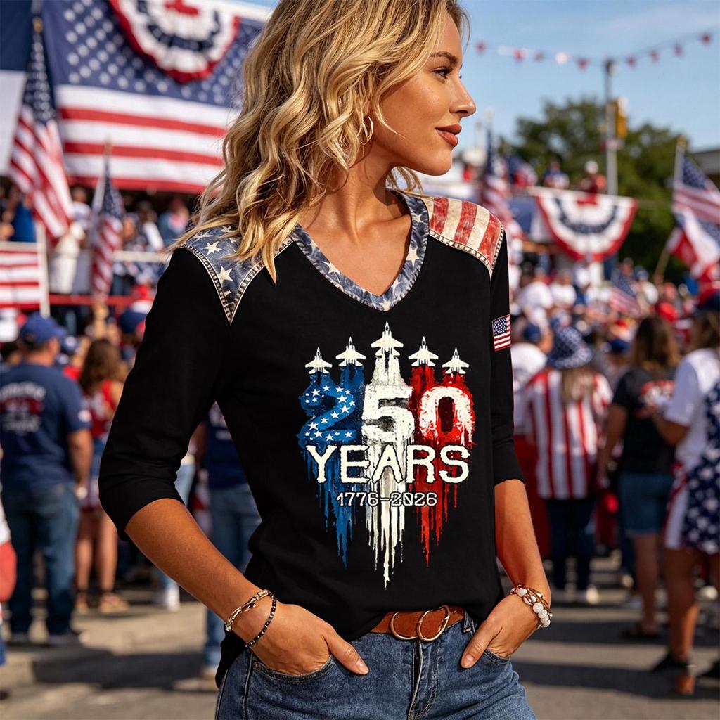 Women’s Casual V Neck Top with 250 Years 1776 2026 Printed Graphic Loose Fit Short Sleeve Comfortable Blouse for Daily Wear