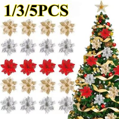 1/3/5PCS Christmas Flowers Glitter Artificial Poinsettia Floral Xmas Tree Ornaments DIY Garlands Home Wedding Party Decor
