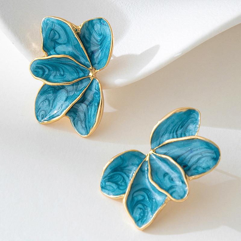 Metal Flower Red Enamel Petal Drop Earrings for Women Trendy Yellow Blue Green Drops Oil Flower Earrings Fashion Zircon Gifts