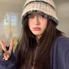 New Winter Striped Hat for Women's Warm Knitted Hat with Ear Protection Versatile Korean Style Fashionable Woolen Hat Big Head Circumference
