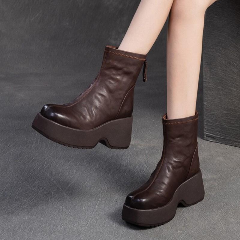 Johnature Všestranné Krátké kozačky z pravé kůže Retro Kulatá špička Dámské boty s tlustou podrážkou