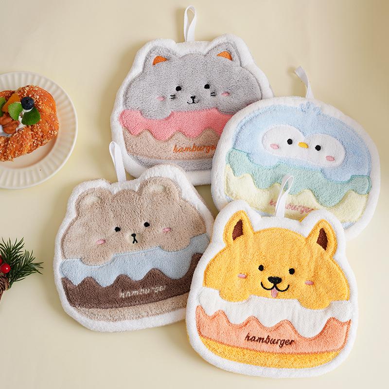 Çizgi Film Burger Hayvan Havlu Asılı Mutfak El Silme Kalınlaştırılmış Mendil Bez Emici Asma Halkalı Banyo Malzemeleri